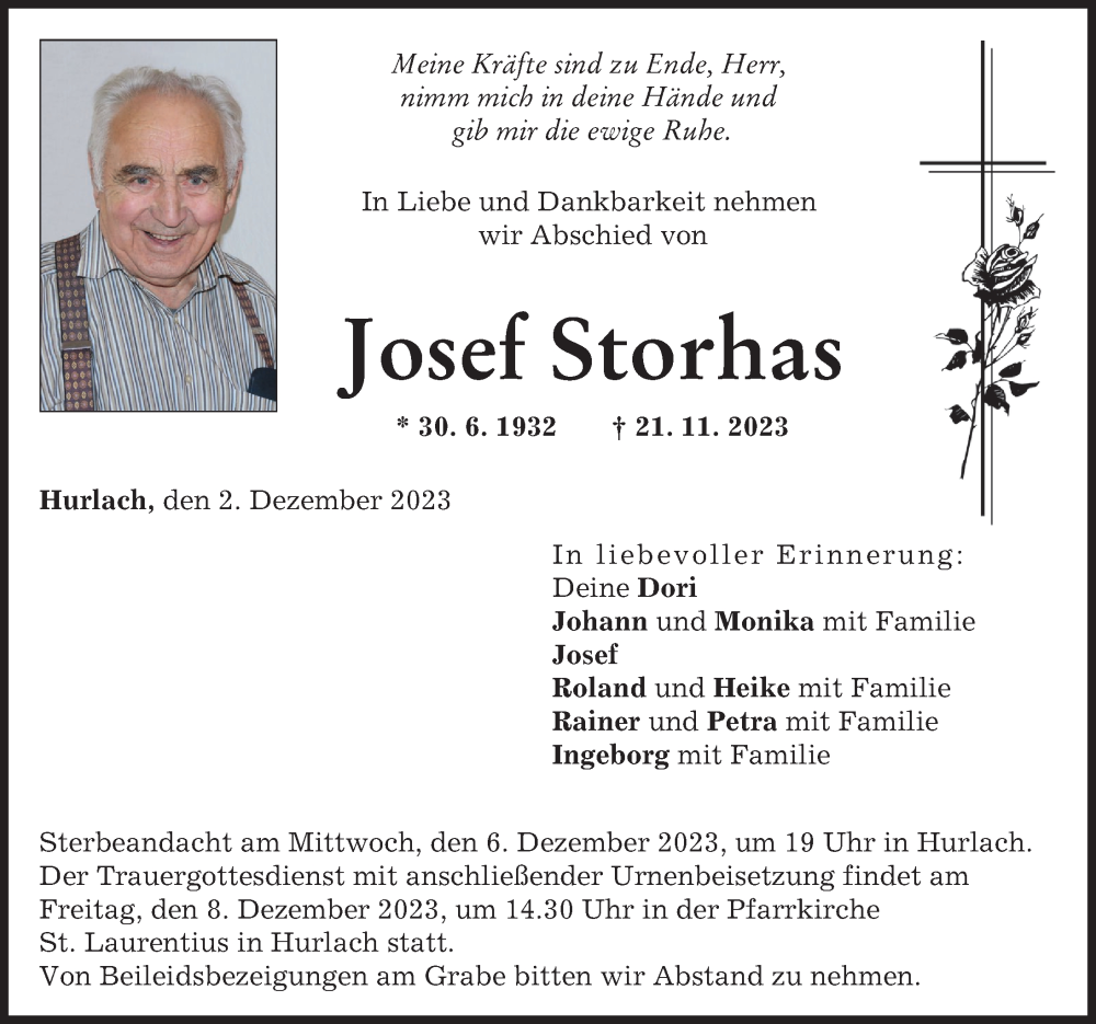  Traueranzeige für Josef Storhas vom 02.12.2023 aus Landsberger Tagblatt