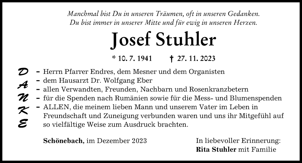  Traueranzeige für Josef Stuhler vom 12.12.2023 aus Augsburg-Land, Mittelschwäbische Nachrichten