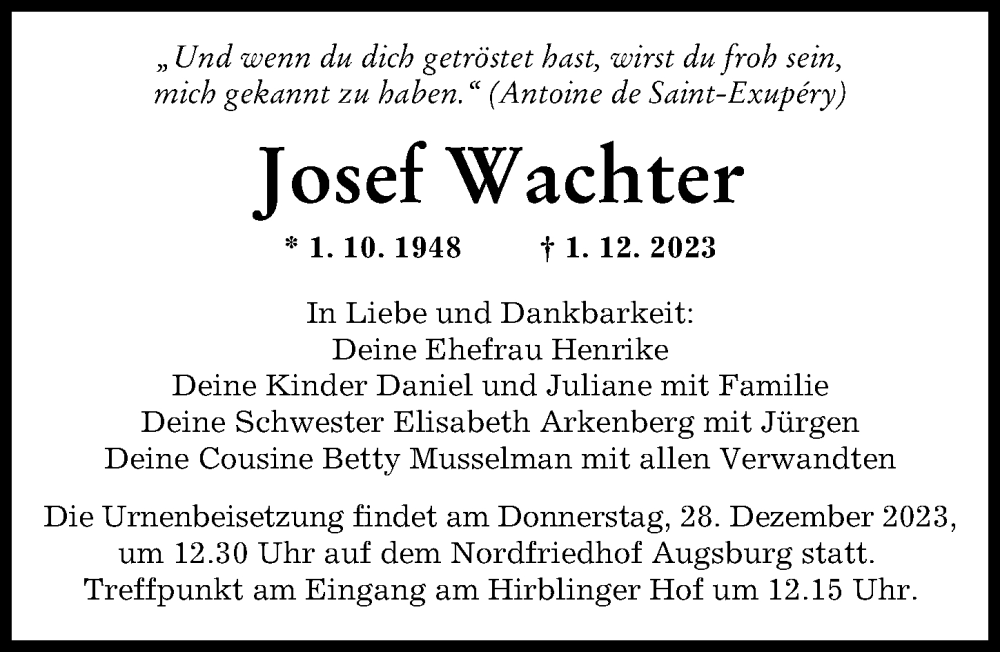  Traueranzeige für Josef Wachter vom 23.12.2023 aus Augsburger Allgemeine