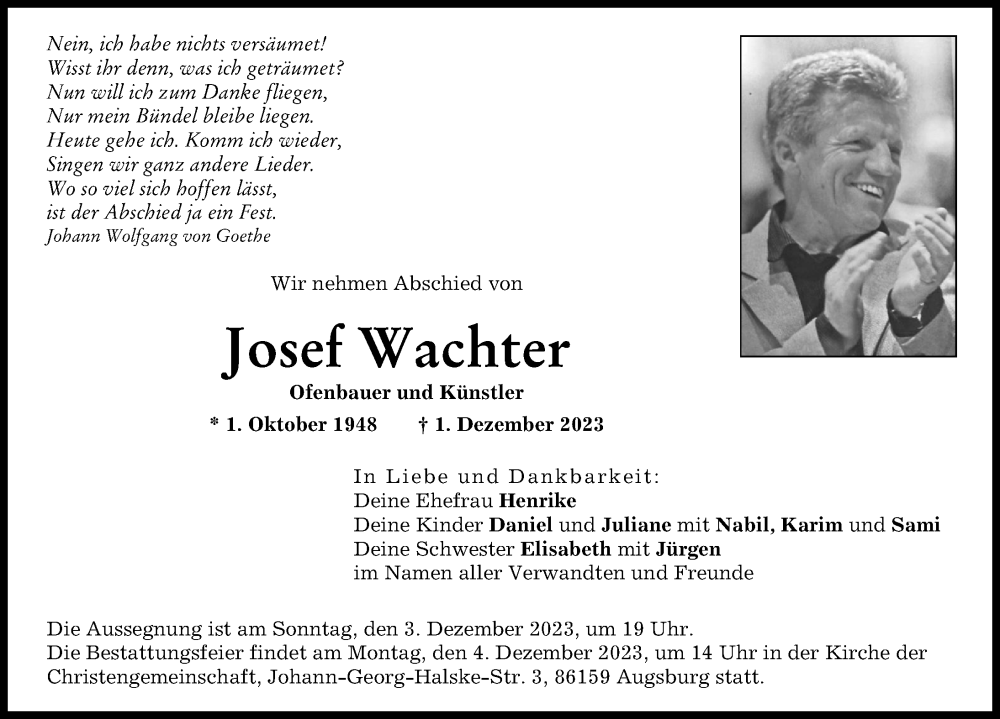  Traueranzeige für Josef Wachter vom 02.12.2023 aus Augsburger Allgemeine