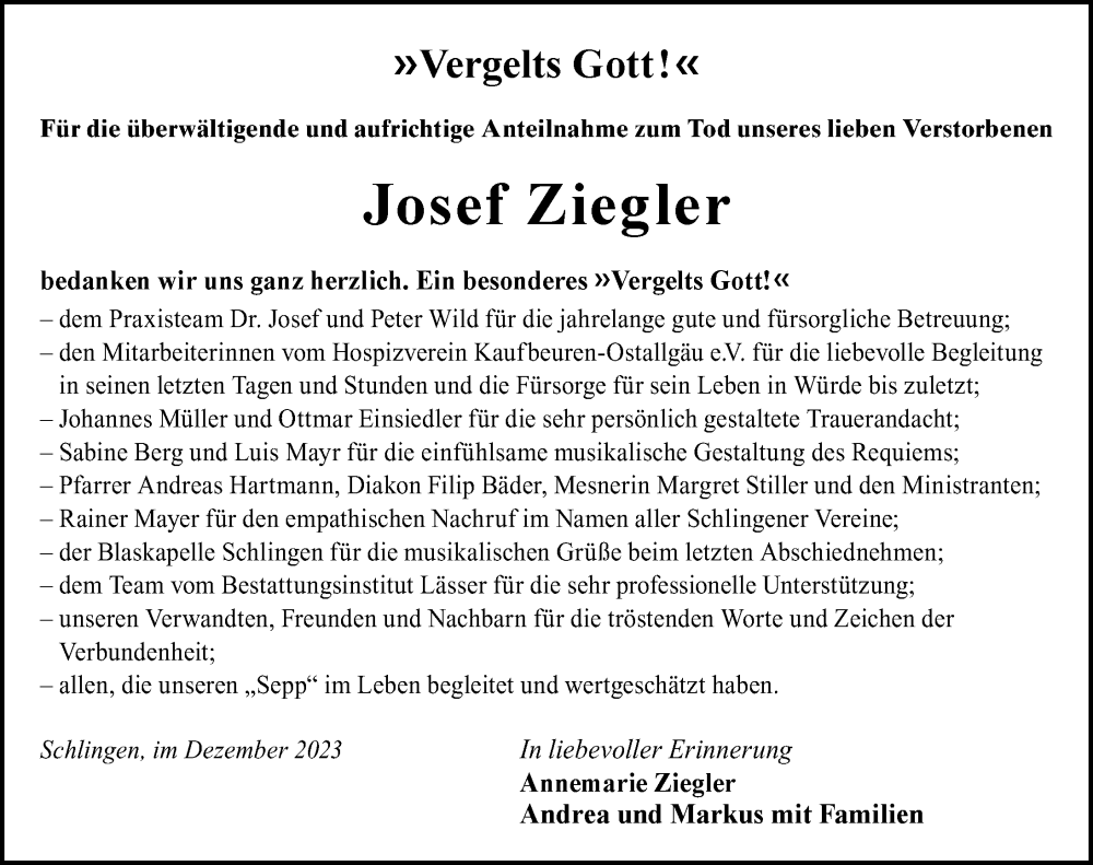  Traueranzeige für Josef Ziegler vom 23.12.2023 aus Mindelheimer Zeitung