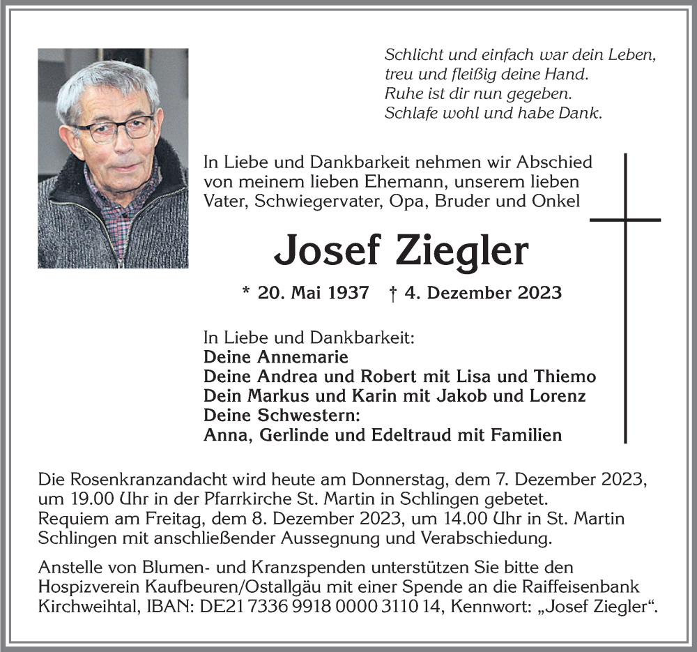  Traueranzeige für Josef Ziegler vom 07.12.2023 aus Mindelheimer Zeitung