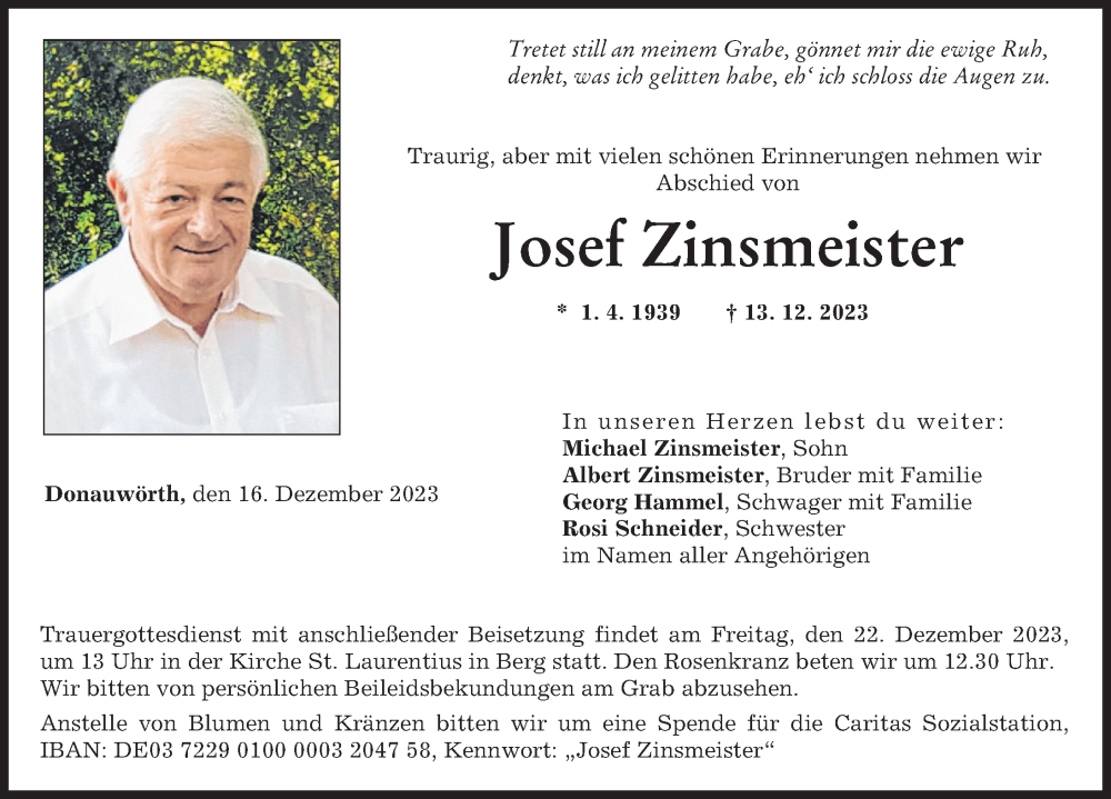 Traueranzeige von Josef Zinsmeister von Donauwörther Zeitung