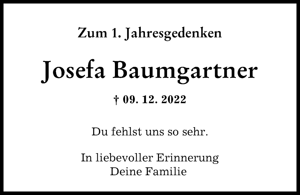 Traueranzeige von Josefa Baumgartner von Augsburger Allgemeine