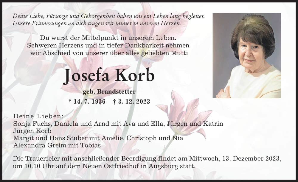  Traueranzeige für Josefa Korb vom 09.12.2023 aus Augsburger Allgemeine