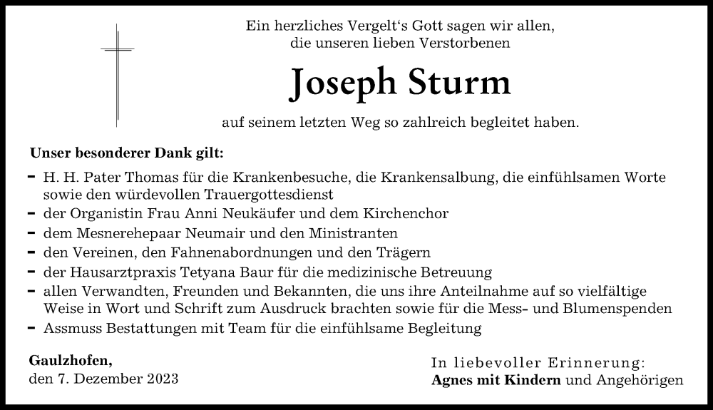 Traueranzeige von Joseph Sturm von Aichacher Nachrichten