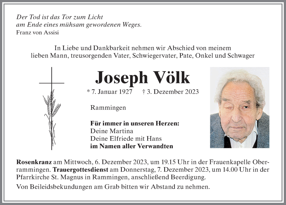  Traueranzeige für Joseph Völk vom 06.12.2023 aus Mindelheimer Zeitung