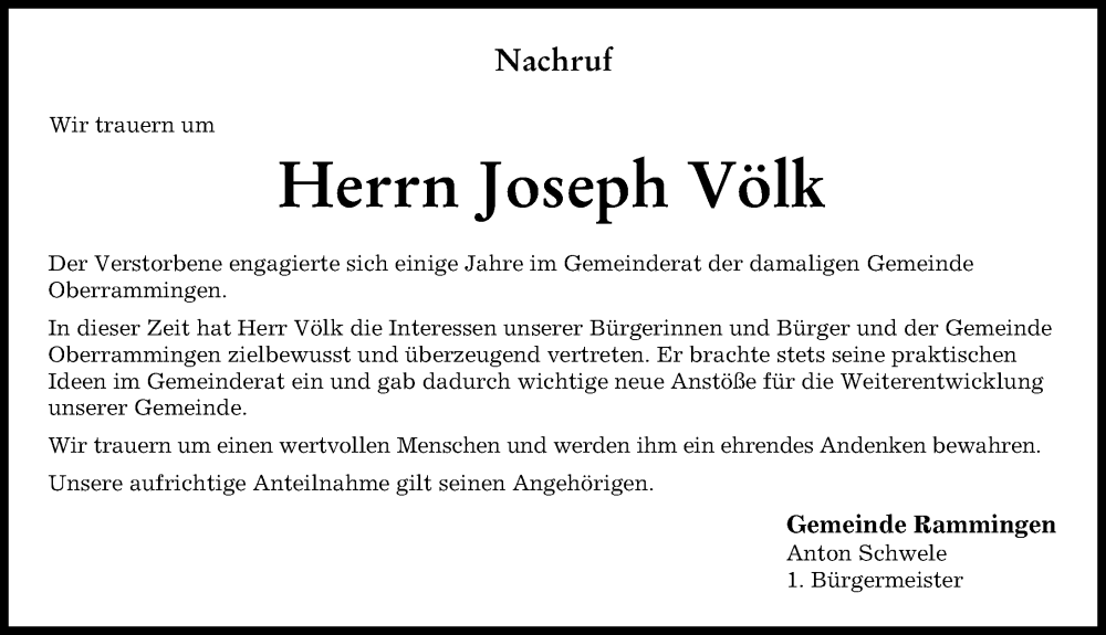  Traueranzeige für Joseph Völk vom 08.12.2023 aus Mindelheimer Zeitung