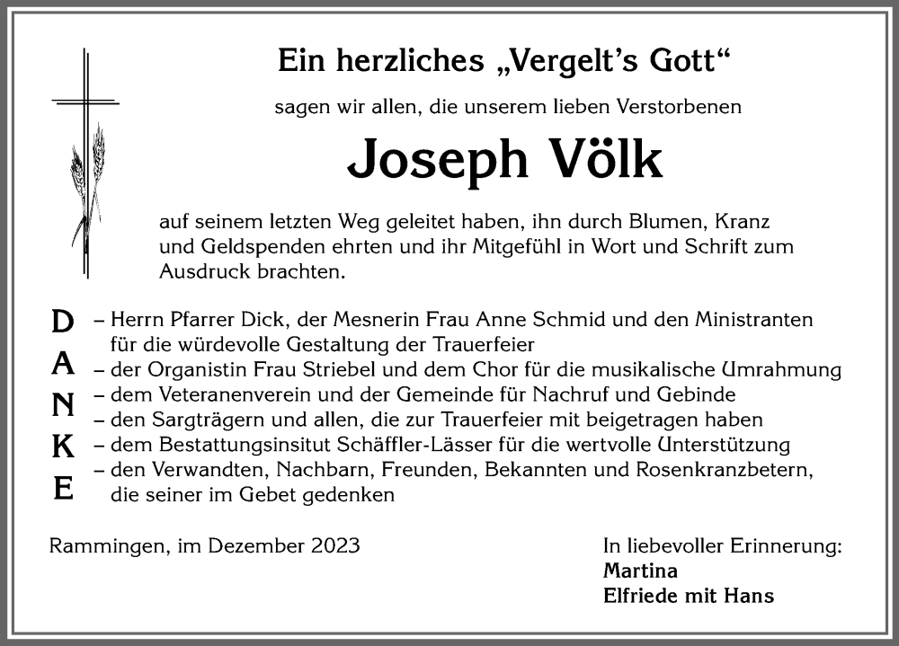  Traueranzeige für Joseph Völk vom 22.12.2023 aus Mindelheimer Zeitung
