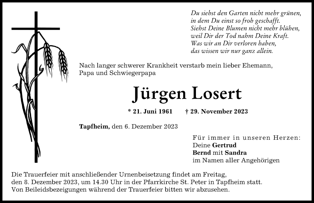  Traueranzeige für Jürgen Losert vom 06.12.2023 aus Donauwörther Zeitung