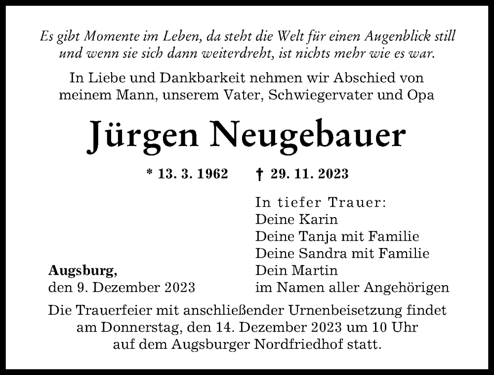  Traueranzeige für Jürgen Neugebauer vom 09.12.2023 aus Augsburger Allgemeine