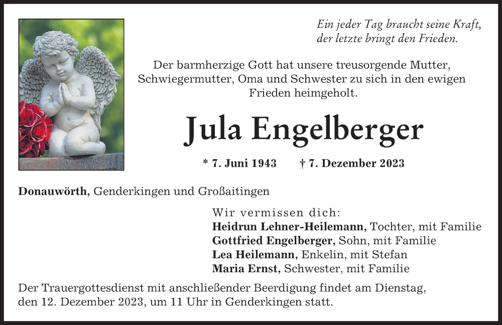  Traueranzeige für Jula Engelberger vom 09.12.2023 aus Donauwörther Zeitung
