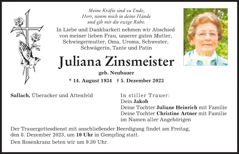  Traueranzeige für Juliana Zinsmeister vom 07.12.2023 aus Neuburger Rundschau, Donauwörther Zeitung