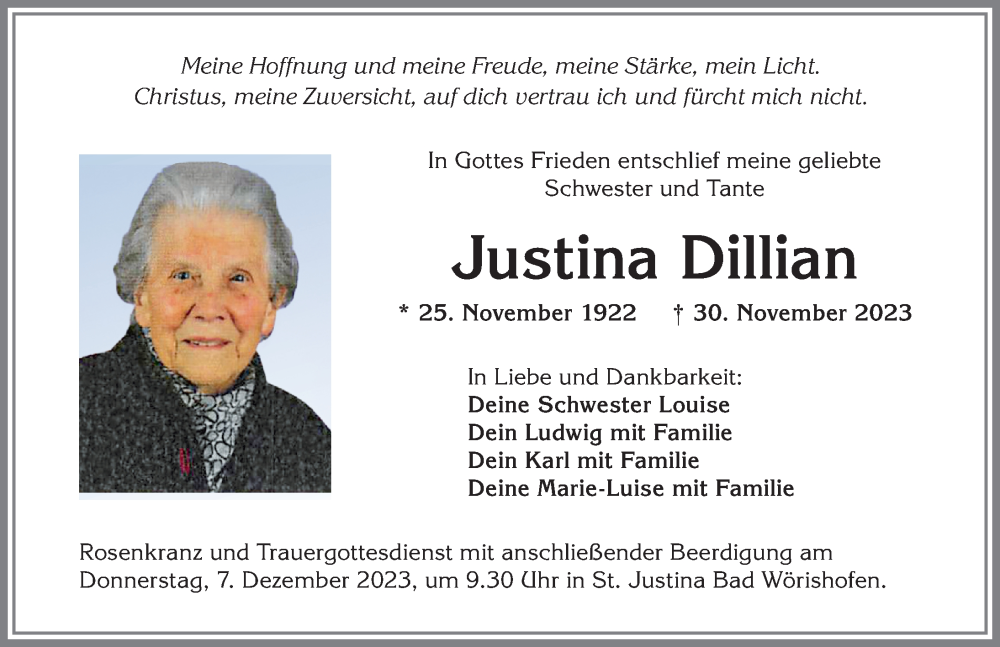  Traueranzeige für Justina Dillian vom 05.12.2023 aus Mindelheimer Zeitung