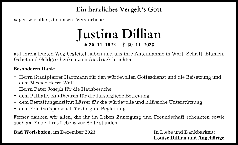  Traueranzeige für Justina Dillian vom 21.12.2023 aus Mindelheimer Zeitung