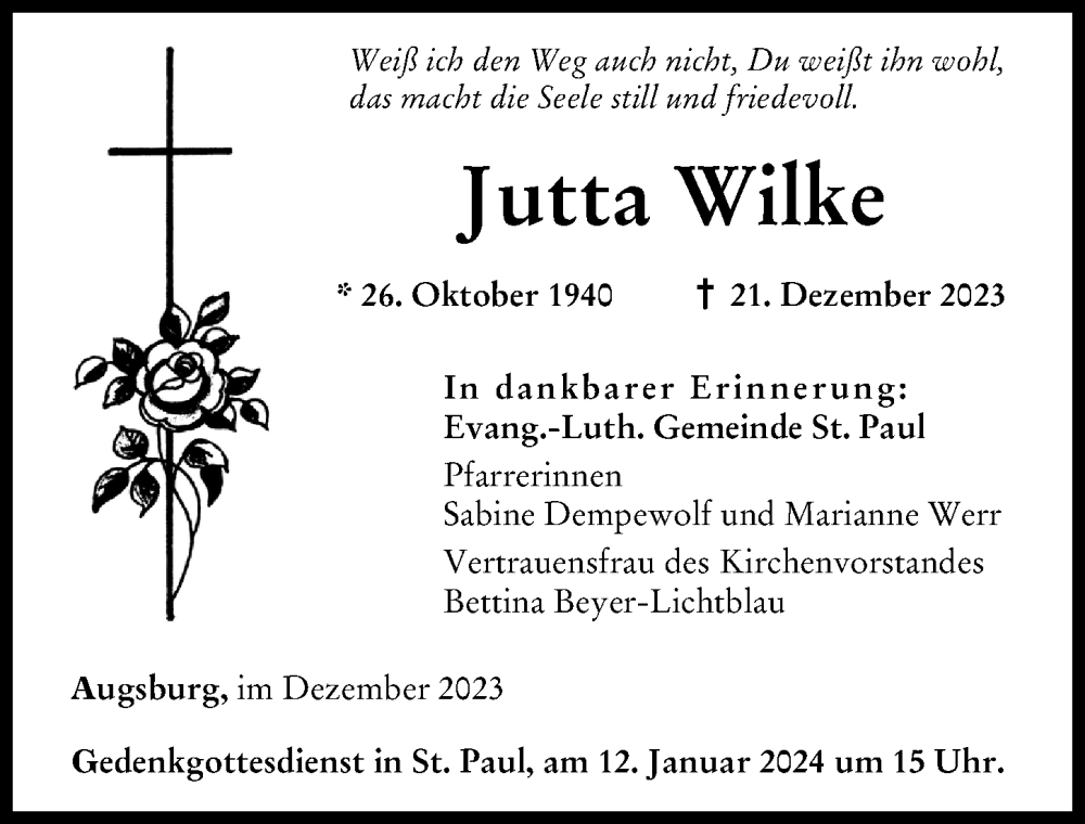 Traueranzeige von Jutta Wilke von Augsburger Allgemeine