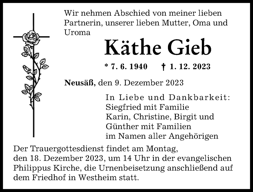  Traueranzeige für Käthe Gieb vom 09.12.2023 aus Augsburger Allgemeine
