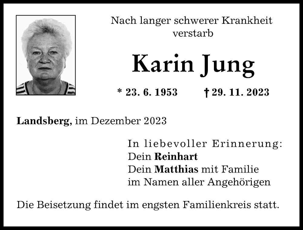  Traueranzeige für Karin Jung vom 02.12.2023 aus Landsberger Tagblatt