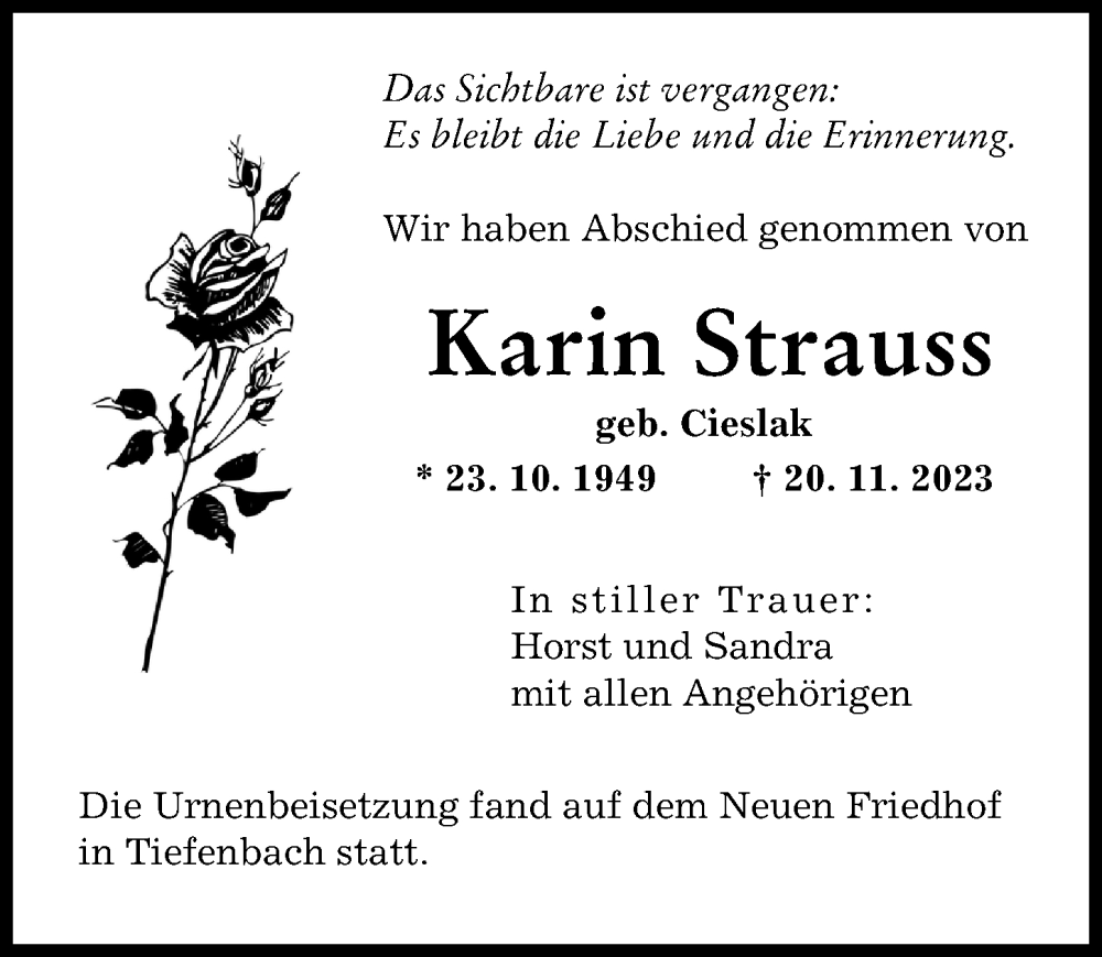  Traueranzeige für Karin Strauss vom 09.12.2023 aus Illertisser Zeitung