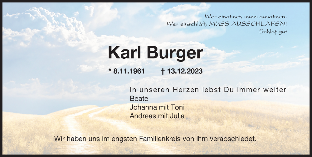 Traueranzeige von Karl Burger von Augsburger Allgemeine, Friedberger Allgemeine