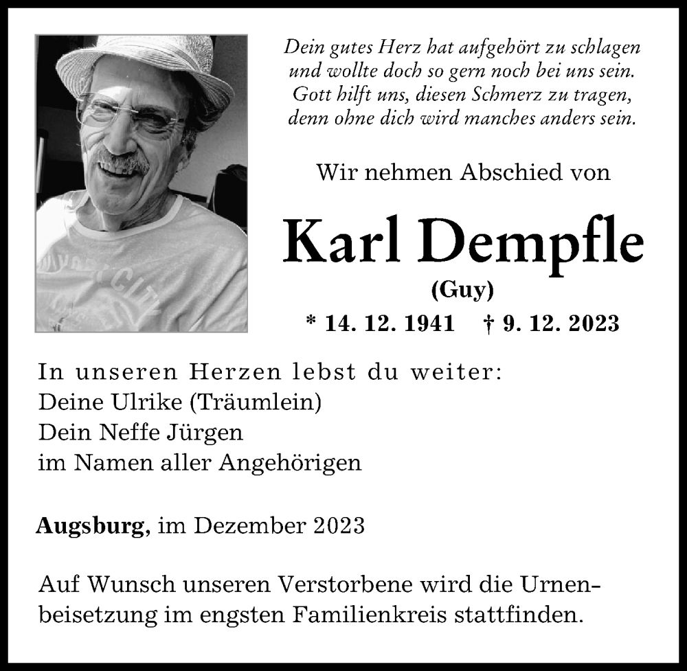 Traueranzeige von Karl Dempfle von Augsburger Allgemeine