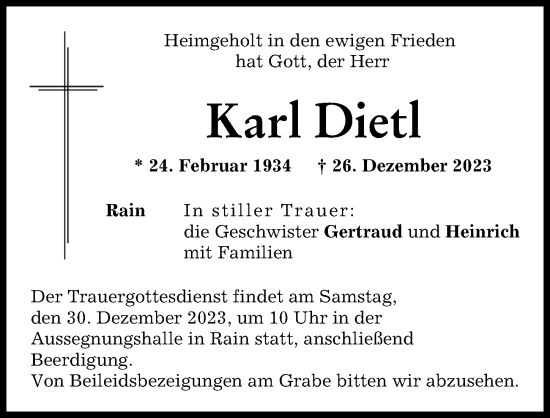 Traueranzeige von Karl Dietl von Donauwörther Zeitung