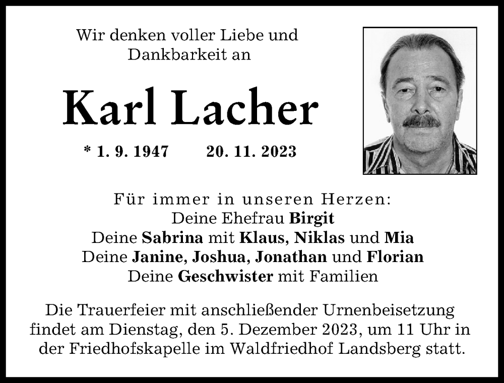  Traueranzeige für Karl Lacher vom 02.12.2023 aus Landsberger Tagblatt