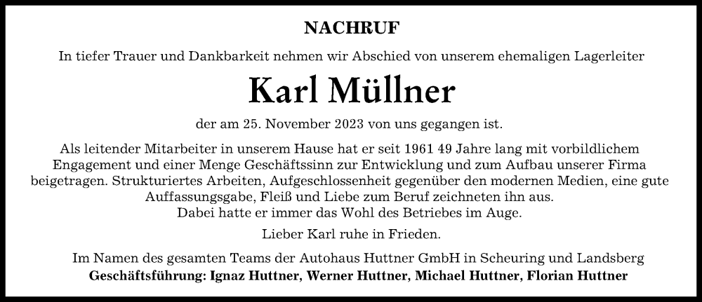  Traueranzeige für Karl Müllner vom 08.12.2023 aus Landsberger Tagblatt