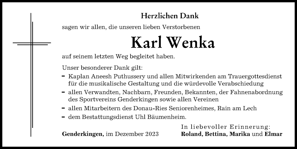 Traueranzeige von Karl Wenka von Donauwörther Zeitung