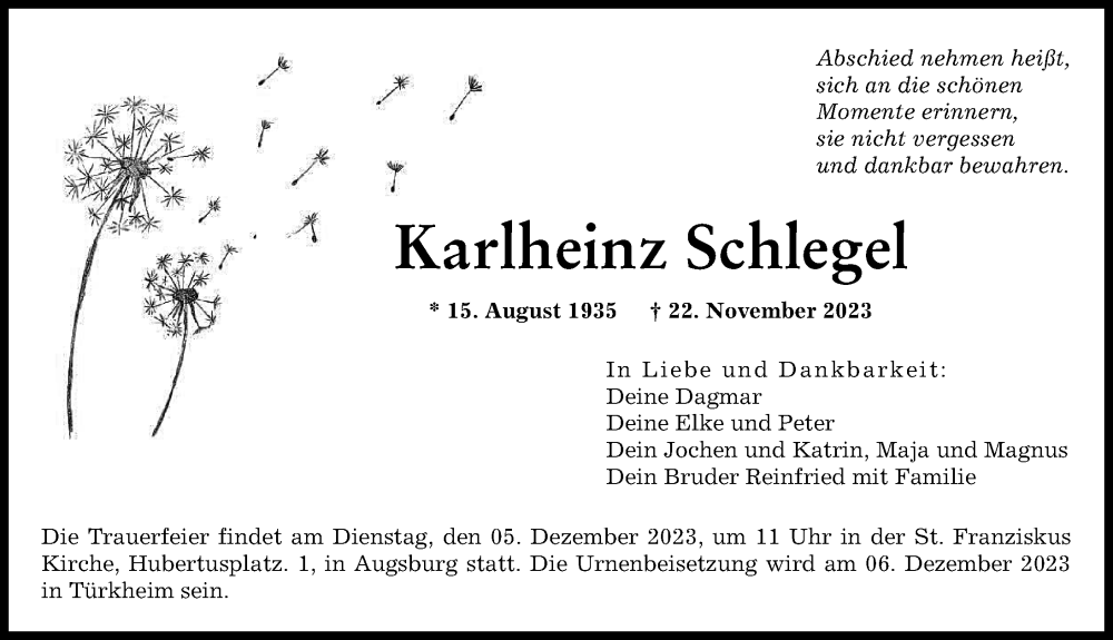  Traueranzeige für Karlheinz Schlegel vom 02.12.2023 aus Augsburger Allgemeine