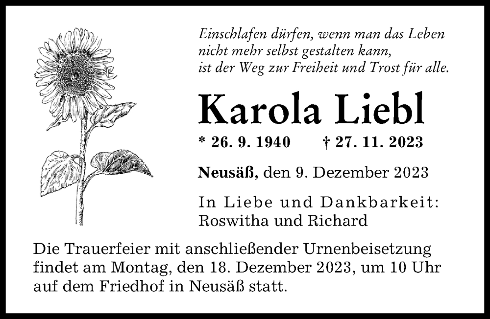  Traueranzeige für Karola Liebl vom 09.12.2023 aus Augsburger Allgemeine