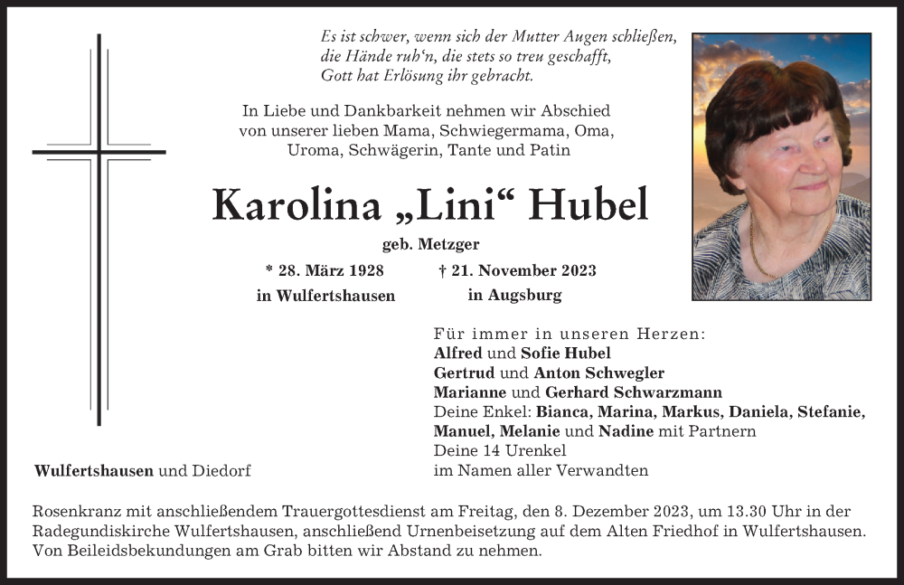 Traueranzeige für Karolina Hubel vom 02.12.2023 aus Friedberger Allgemeine