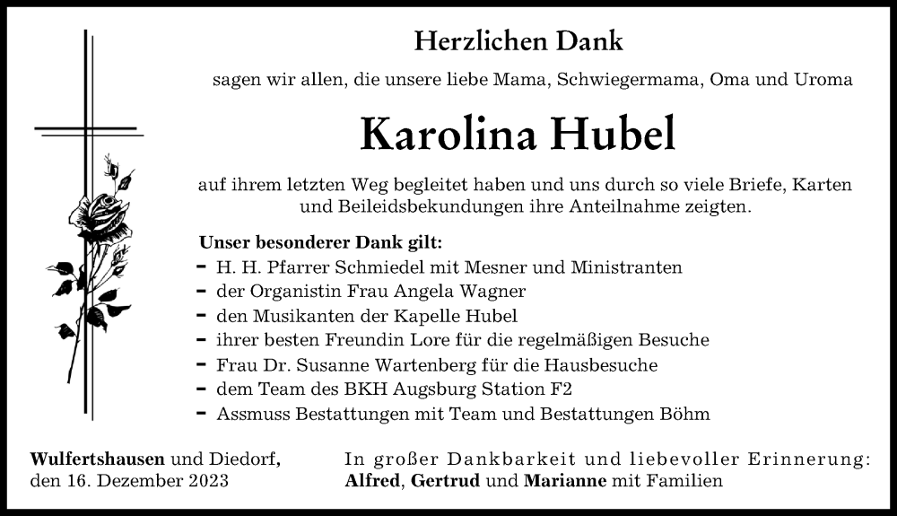 Traueranzeige für Karolina Hubel vom 16.12.2023 aus Friedberger Allgemeine