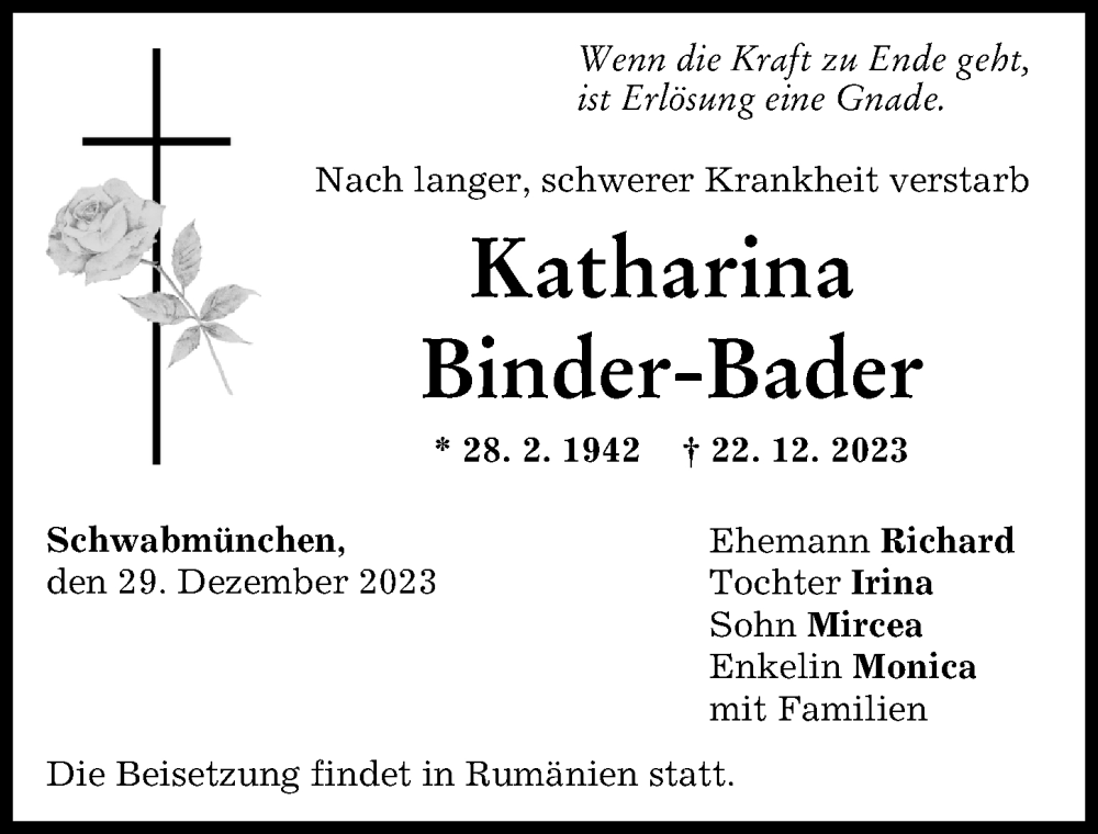 Traueranzeige von Katharina Binder-Bader von Schwabmünchner Allgemeine