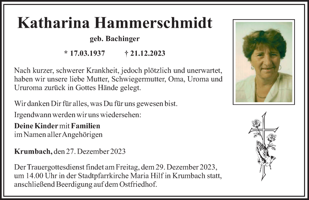 Traueranzeige von Katharina Hammerschmidt von Mittelschwäbische Nachrichten