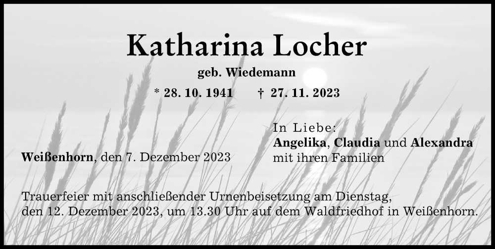  Traueranzeige für Katharina Locher vom 07.12.2023 aus Neu-Ulmer Zeitung