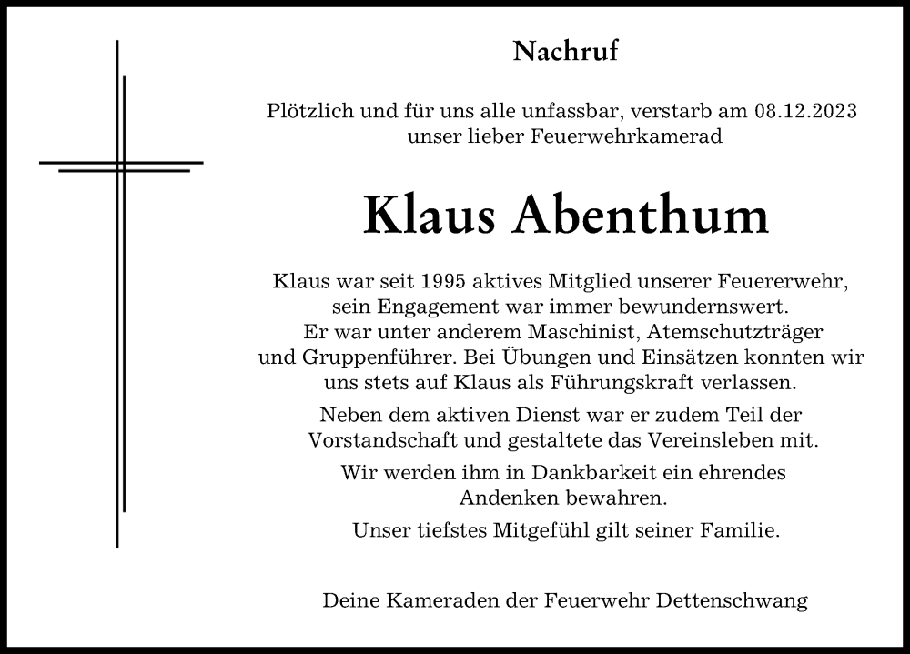  Traueranzeige für Klaus Abenthum vom 29.12.2023 aus Landsberger Tagblatt