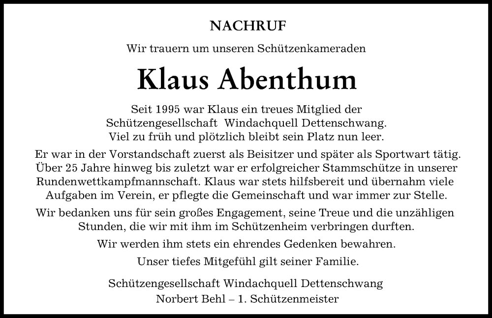  Traueranzeige für Klaus Abenthum vom 29.12.2023 aus Landsberger Tagblatt