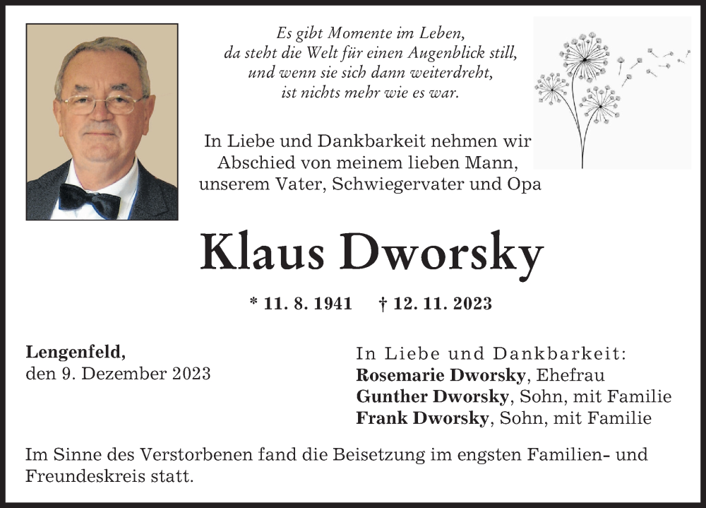  Traueranzeige für Klaus Dworsky vom 09.12.2023 aus Landsberger Tagblatt