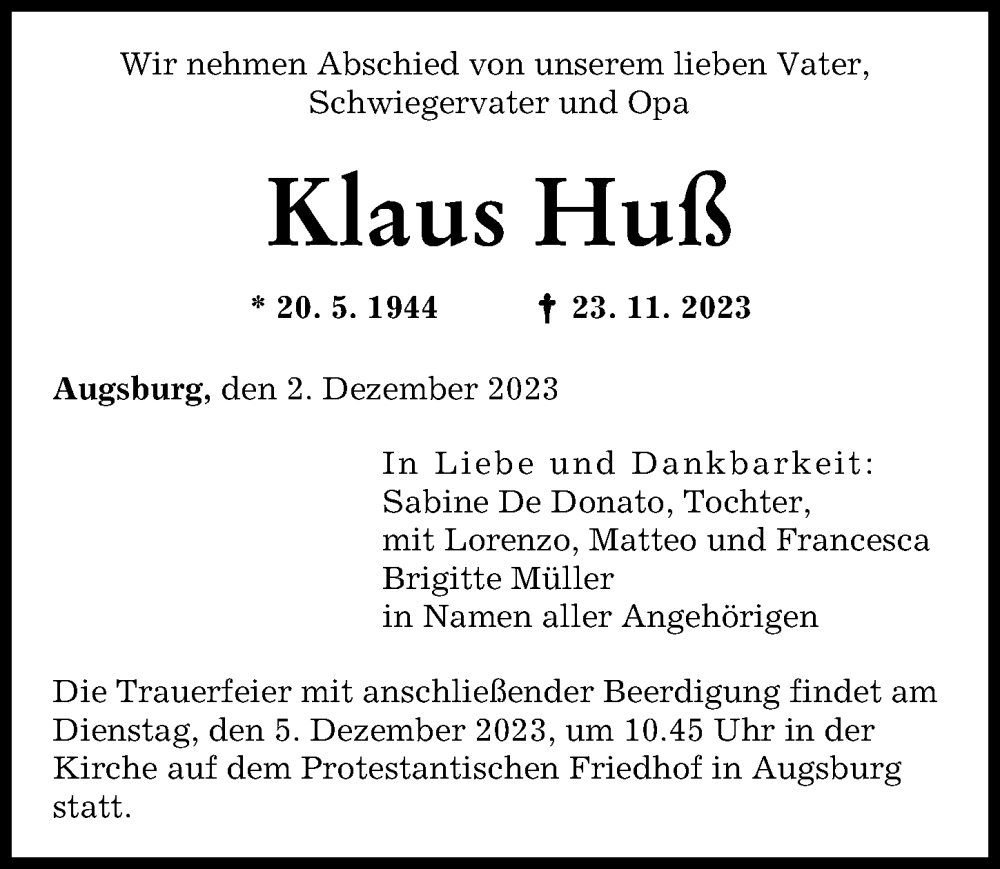  Traueranzeige für Klaus Huß vom 02.12.2023 aus Augsburger Allgemeine