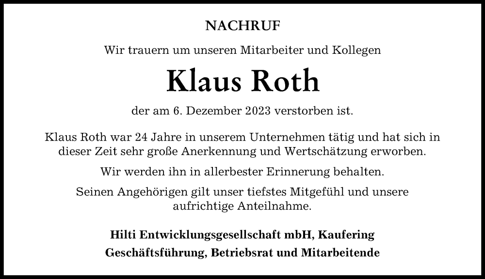 Traueranzeige von Klaus Roth von Donau Zeitung