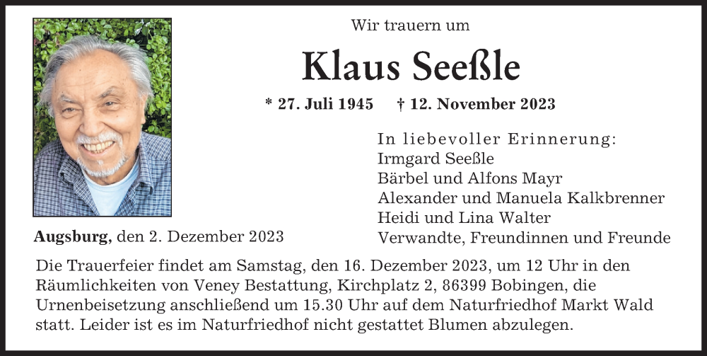  Traueranzeige für Klaus Seeßle vom 02.12.2023 aus Augsburger Allgemeine
