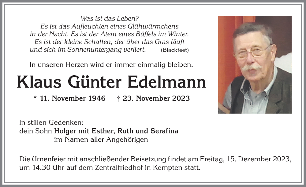  Traueranzeige für Klaus Günter Edelmann vom 09.12.2023 aus Augsburger Allgemeine