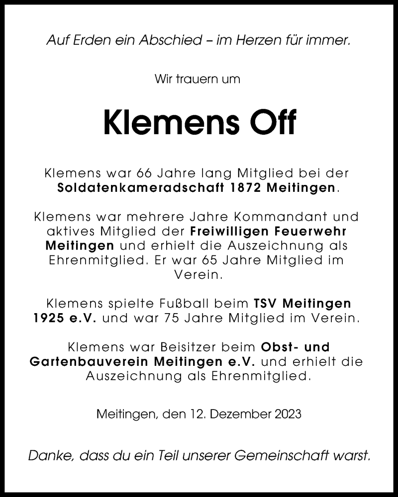  Traueranzeige für Klemens Off vom 12.12.2023 aus Augsburg-Land