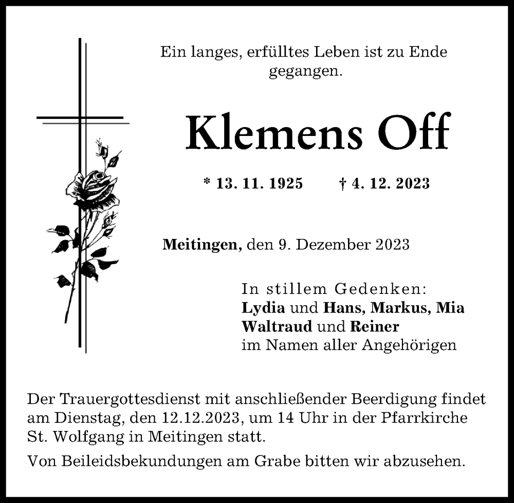  Traueranzeige für Klemens Off vom 09.12.2023 aus Augsburg-Land