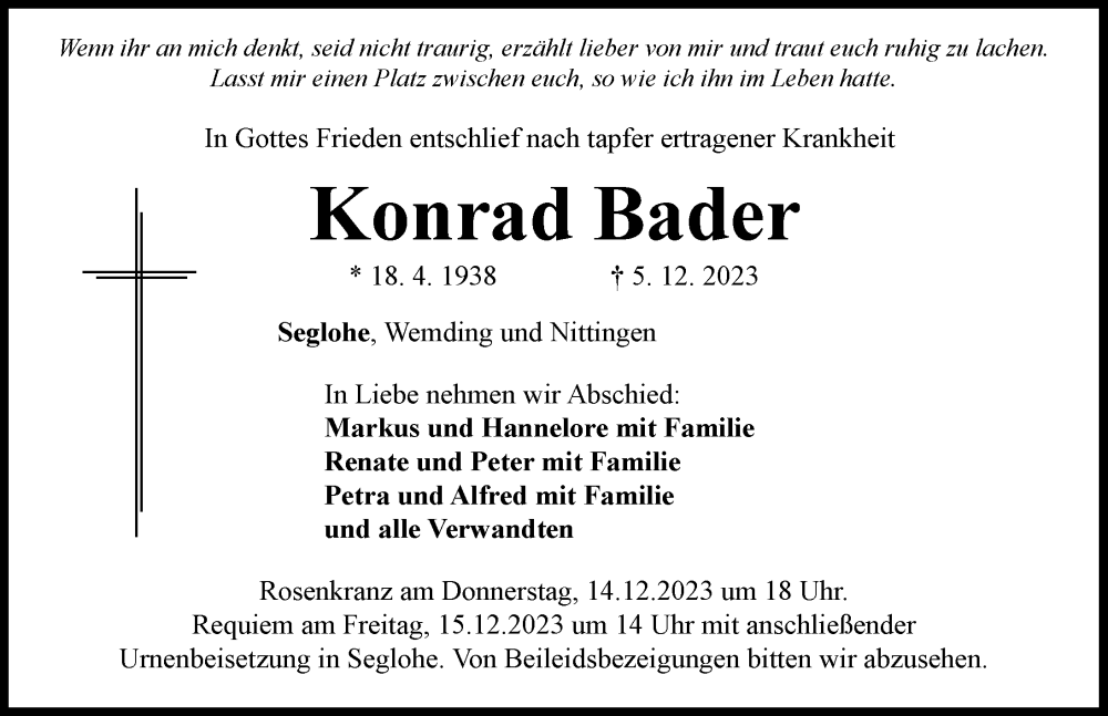 Traueranzeige für Konrad Bader vom 12.12.2023 aus Rieser Nachrichten