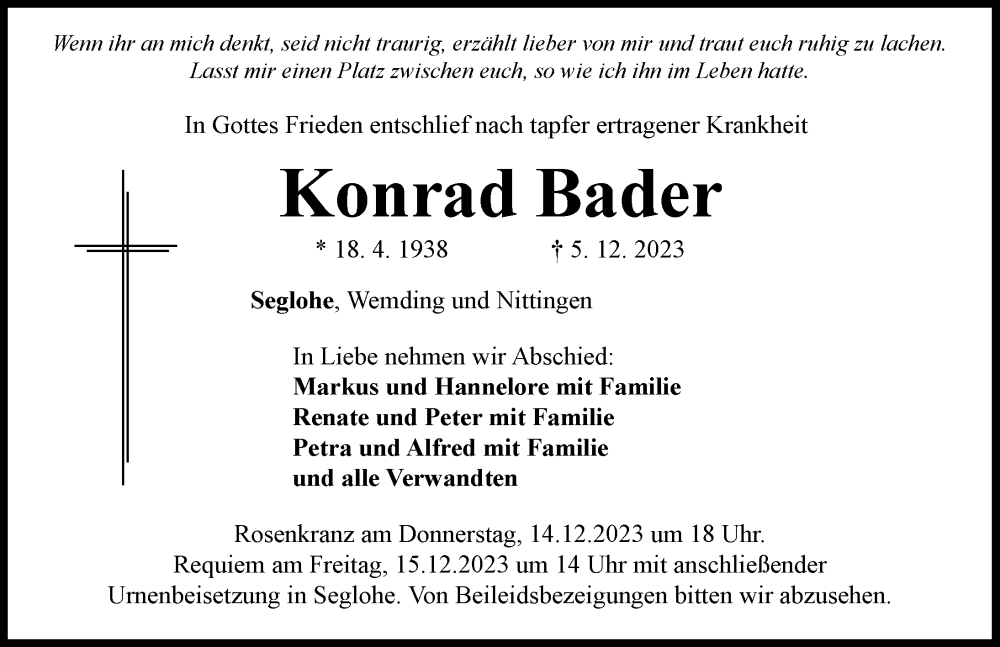 Traueranzeige von Konrad Bader von Rieser Nachrichten