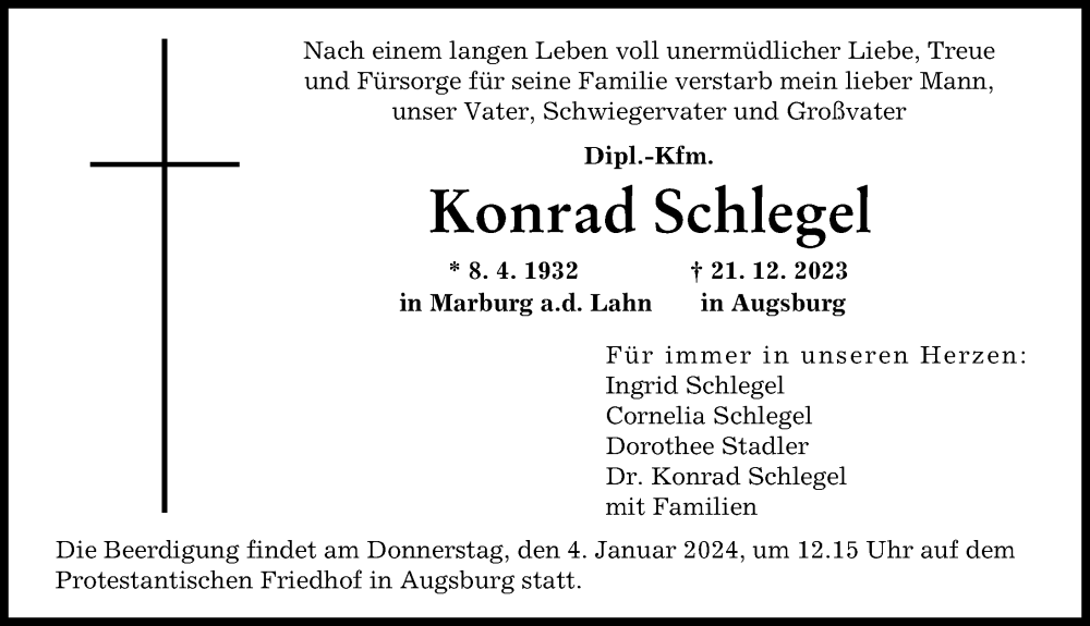 Traueranzeige von Konrad Schlegel von Augsburger Allgemeine