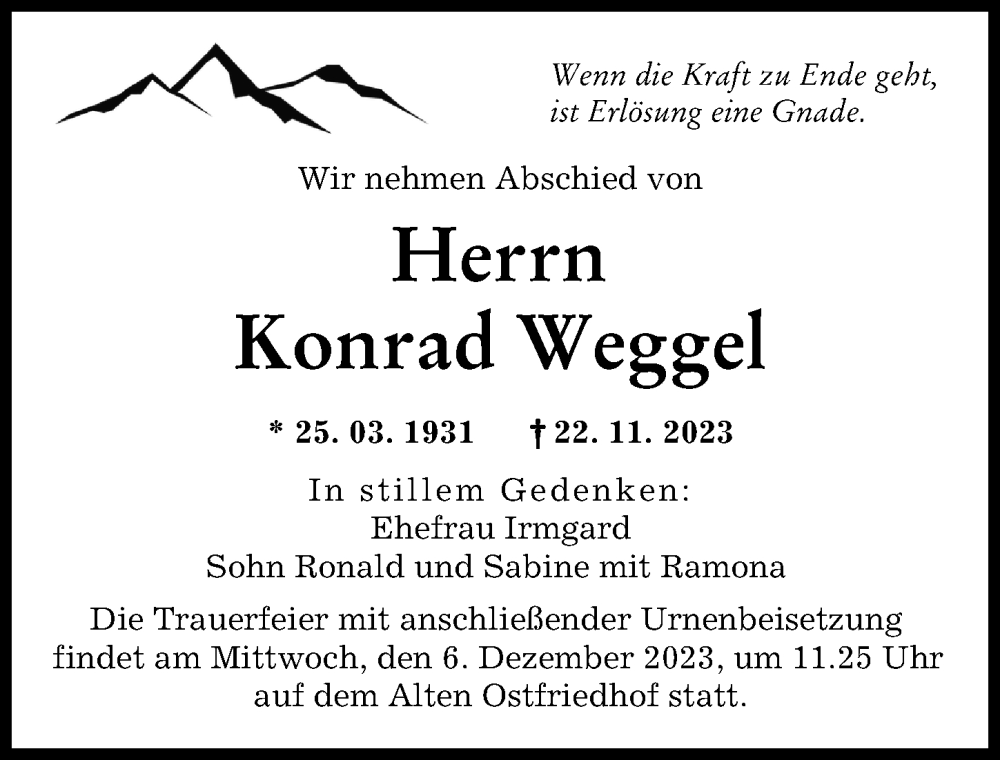  Traueranzeige für Konrad Weggel vom 02.12.2023 aus Augsburger Allgemeine