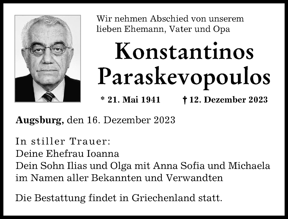 Traueranzeige von Konstantinos Paraskevopoulos von Augsburger Allgemeine